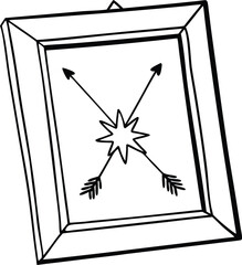 Small picture frame with crossed arrows and a tiny starburst, outline