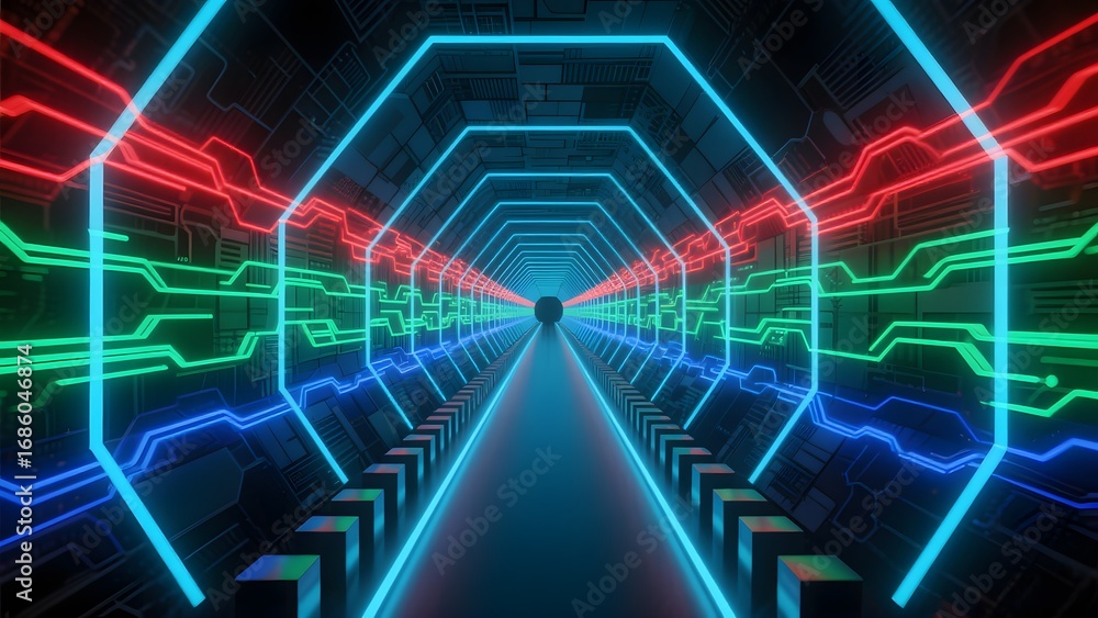 Poster neon-lit hexagonal tunnel with futuristic design