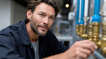 A focused plumber examines a blue water distribution system, representing the significance of constant upkeep and advancement in modern plumbing technology.