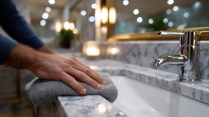 A person is gently cleaning a marble sink with a soft towel, highlighting the importance of cleanliness and care in maintaining a beautiful bathroom environment.
