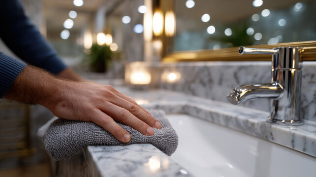 A person is gently cleaning a marble sink with a soft towel, highlighting the importance of cleanliness and care in maintaining a beautiful bathroom environment.