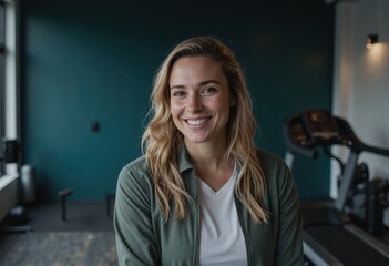 Recreation coordinator smiling beside fitness facility equipment area