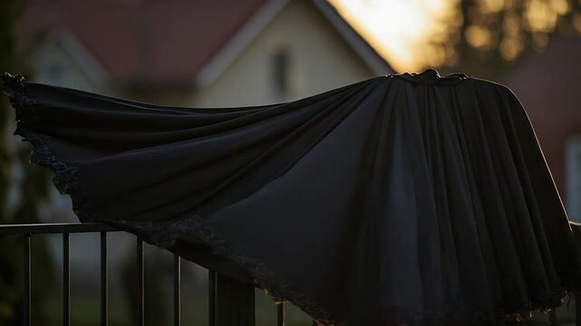 Elegant Black Fabric with Lace Billowing Gently in the Golden Sunset Light.