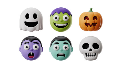 Adorable 3D Halloween characters featuring a friendly ghost, pumpkin, vampire, monster, and skull.