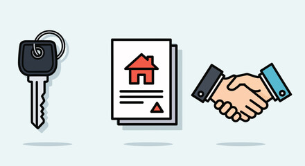 Handshake symbolizing successful real estate transaction with key and contract documents.