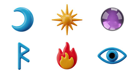 Obraz premium Mystical symbols collection featuring moon, sun, crystal, rune, fire, and eye icons