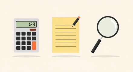 Calculator, notepad with pencil, and magnifying glass arranged neatly for analysis or study.