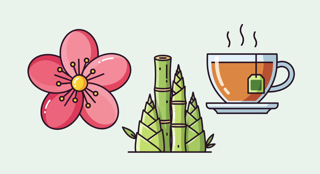 Tranquil arrangement of cherry blossom, bamboo shoots, and steaming tea evokes serenity and tradition.