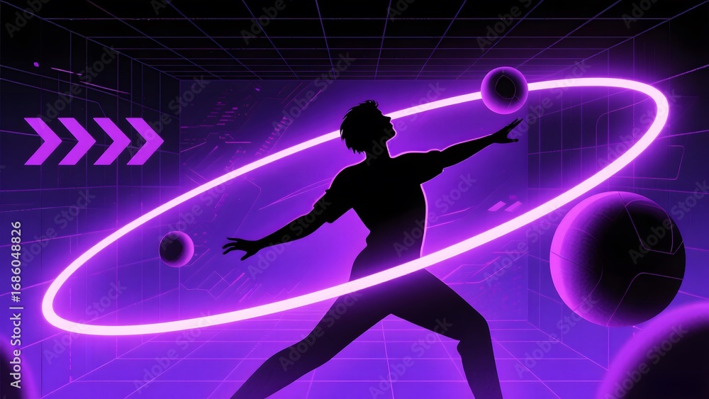 Poster silhouette of a person in a dynamic pose with glowing neon circles and spheres in a futuristic setti