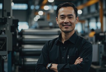 Obraz premium Production coordinator smiling confidently beside manufacturing facility equipment
