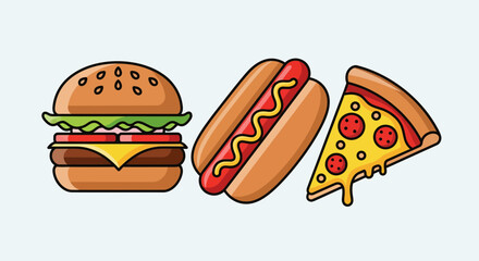 Delicious trio of classic fast food items: burger, hot dog, and melting cheese pizza.