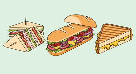 Delicious assortment of three distinct sandwiches displayed on a light green background.