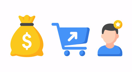 Shopping cart with money bag and customer icon symbolizing online purchase and customer satisfaction