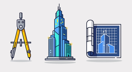 Architectural tools and city building plans symbolize urban development and design.