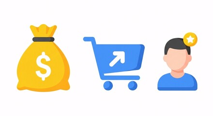 Financial success symbolized by money bag, shopping cart, and satisfied customer icon