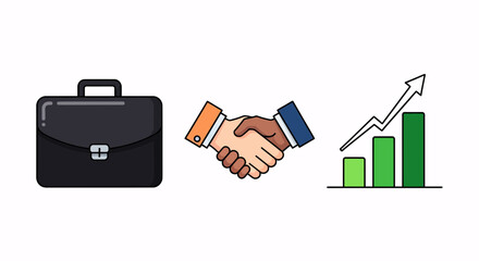 Business partnership success symbolized by briefcase, handshake, and growth chart