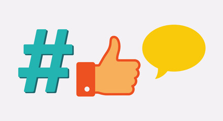 Social media icons for engagement: hashtag, thumbs up, and speech bubble.