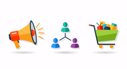 Marketing and sales icons representing promotion, networking, and shopping