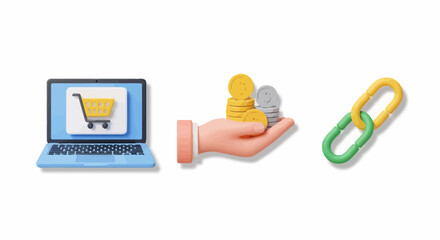 Digital commerce illustration showing online shopping, investment, and connectivity