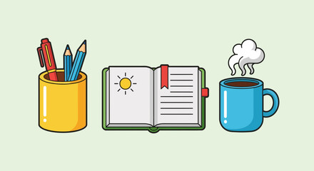 Morning routine essentials with a journal, writing tools, and a hot coffee.
