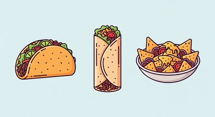 Delicious taco, burrito, and nachos arranged neatly on a light blue background
