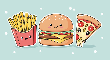 A cute kawaii illustration of a smiling hamburger, french fries, and a slice of pizza.