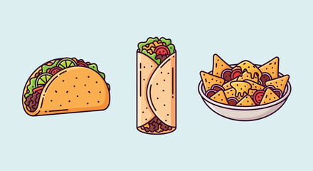 A colorful vector illustration of popular Mexican food, including a taco, a burrito, and a bowl of nachos with cheese sauce.