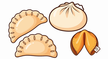 A cartoon illustration of various Asian food items, including two dumplings, a steamed bun, and a fortune cookie on a white background.