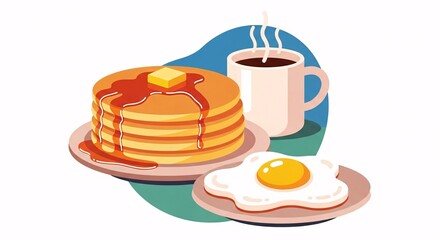 A classic breakfast meal featuring a stack of pancakes with butter and syrup, a sunny-side-up fried egg, and a mug of hot coffee.
