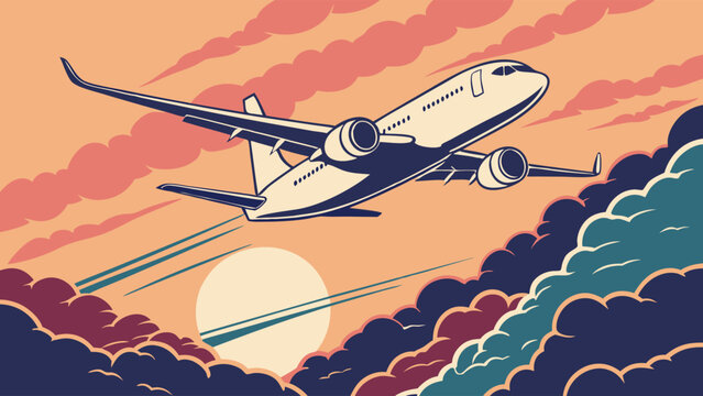 Airplane flying above clouds at sunset travel journey aviation illustration vector art.