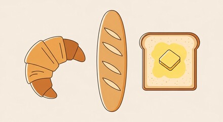 An illustrated set of classic bakery items: a croissant, a baguette, and a slice of toast with melting butter.