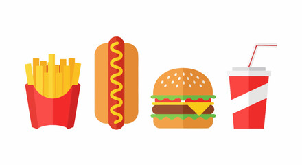 A collection of fast food items including french fries, a hot dog, a hamburger, and a soda drink in a flat vector illustration style.