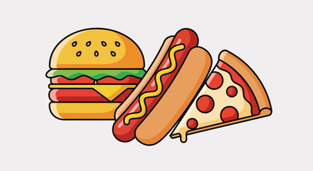 A colorful cartoon illustration of classic American fast food: a hamburger, a hot dog, and a slice of pizza.