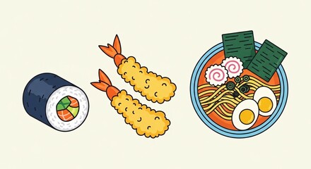 An illustration set of popular Japanese food, featuring a maki sushi roll, two shrimp tempura, and a bowl of ramen.
