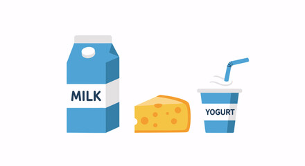 A simple vector illustration of dairy products including a milk carton, a wedge of cheese, and a yogurt cup.