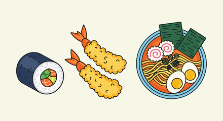 An illustration of popular Japanese dishes: a maki sushi roll, shrimp tempura, and a bowl of ramen noodles.