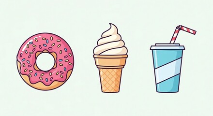 A cartoon illustration set of a pink sprinkled donut, a vanilla soft-serve ice cream cone, and a soda cup with a straw.