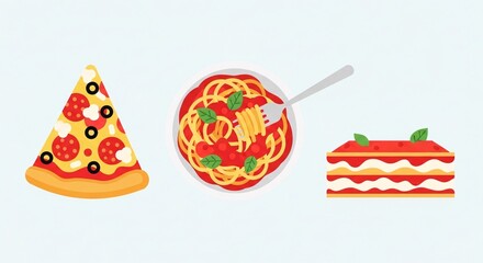 An illustration of classic Italian food dishes: a slice of pizza, a bowl of spaghetti, and a piece of lasagna.
