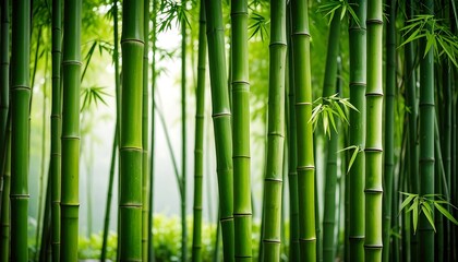 Fototapeta premium Lush green bamboo stalks create a serene and tranquil atmosphere within a dense bamboo grove.