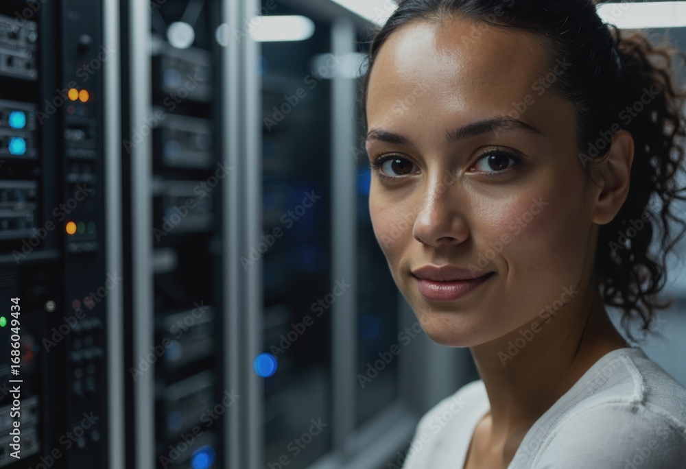 Poster it coordinator smiling near a computer facility setup with servers