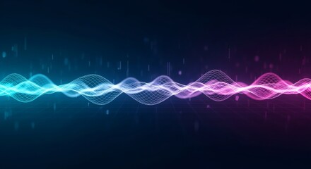 Futuristic data waves forming flowing neon lines across a deep midnight background, with a cyan-magenta palette and soft glow.