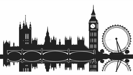 Naklejka premium Black and white city skyline silhouette with reflection iconic landmarks clock tower Ferris wheel illustration.