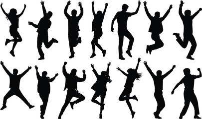 Silhouettes of happy jumping people, men and women in joyful celebration poses for design, movement, energy concepts - flat vector illustration