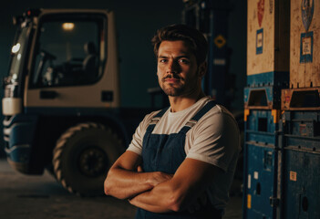 Freight handler standing confidently beside loading equipment in a warehouse