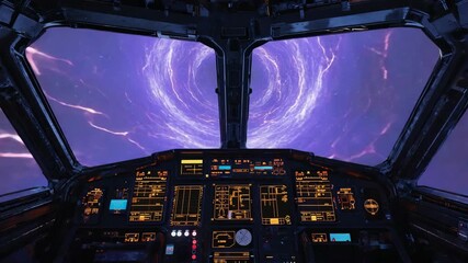 Sci-fi spaceship cockpit facing a glowing purple wormhole surrounded by lightning-like energy, advanced space travel technology, intergalactic exploration, and the mysteries of deep space phenomena. - Powered by Adobe