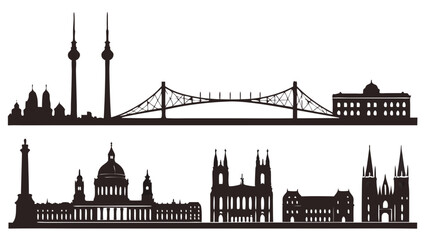 Fototapeta premium Cityscape Silhouette Urban Skyline Architectural Icons Black and White Vector Illustration Cityscape Design Graphic Design Element.