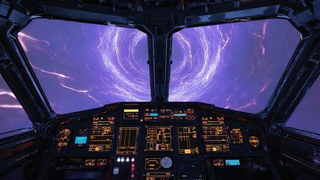 Sci-fi spaceship cockpit facing a glowing purple wormhole surrounded by lightning-like energy, advanced space travel technology, intergalactic exploration, and the mysteries of deep space phenomena.