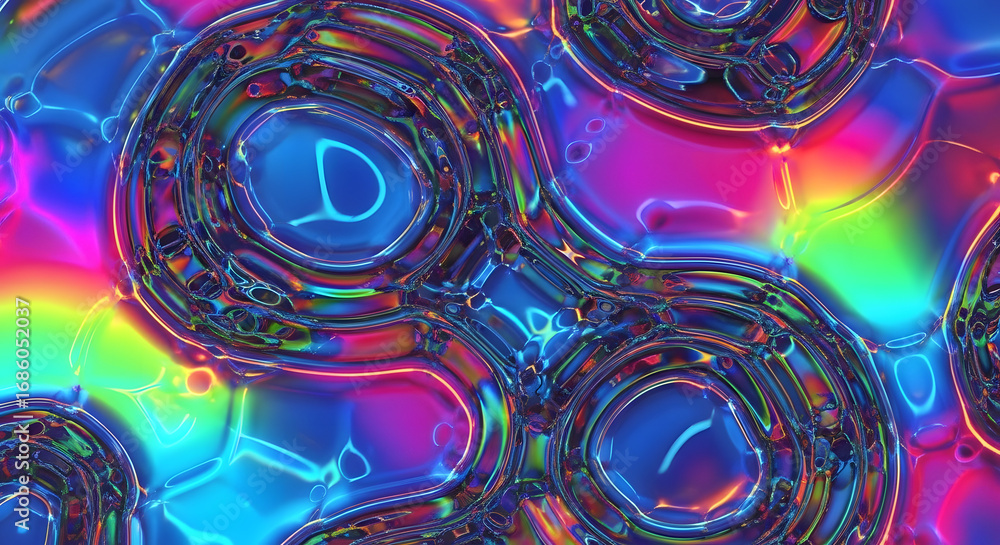 Poster abstract iridescent background with circular shapes and vibrant colors, creating a futuristic and ps
