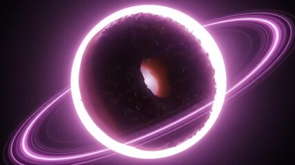 A surreal cosmic scene featuring a doughnut-shaped planet encircled by glowing rings in space