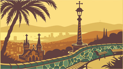 Naklejka premium Coastal Cityscape View with Palm Tree Church and Lamppost at Sunset.
